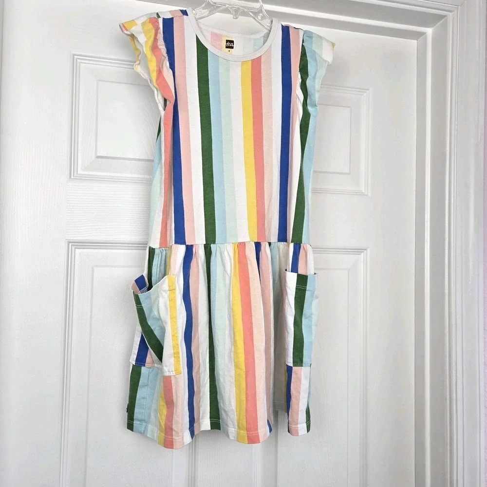 Tea Collection Girls Flutter Sleeve Pocket Dress Size 8 Rainbow Stripes Cotton